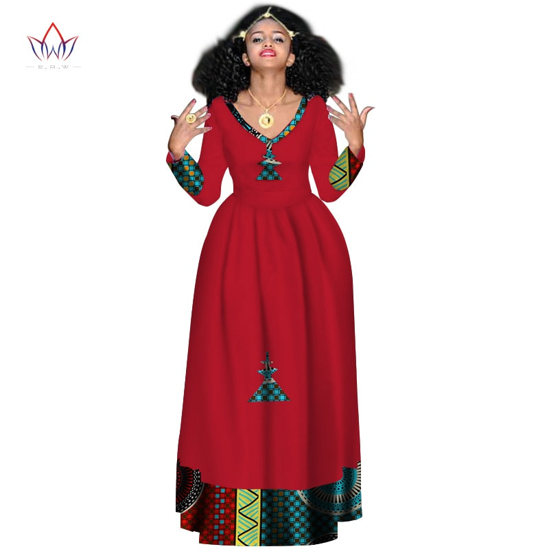 Women Elegant Dress Africa Style Full Sleeve Outfits  V-neck robe Ethiopia Long evening dress