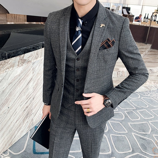 Three pieces set ( Blazer + Vest + Pants ) Elegant Suit  Dark Plaid Classic Retro Men's Formal Business Wedding Dress