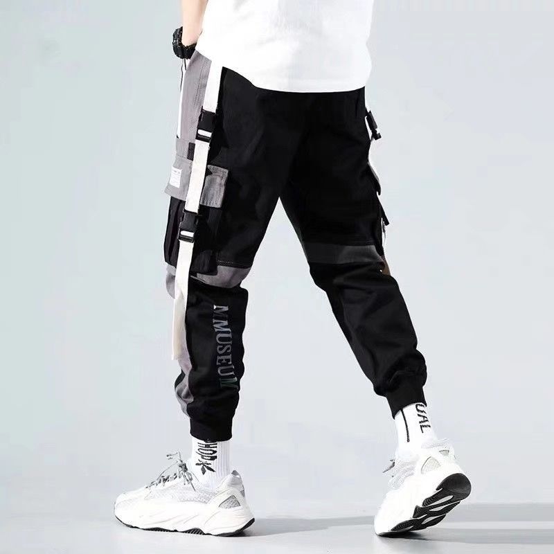 Men's Joggers Cargo Pants Casual Hip Hop Hit Color Pocket Trousers Ribbons Techwear