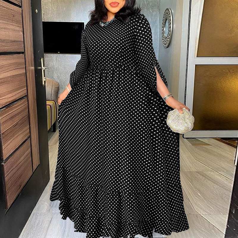 Bohemian Ruffled Maxi Dress Women Elegant  O- Neck Polka Dot 3/4 Sleeve Casual dress