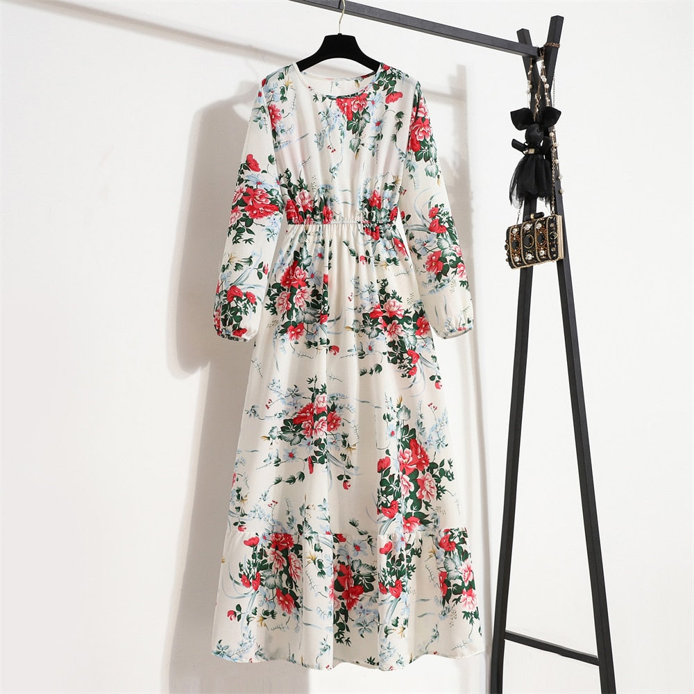 Women Maxi Dresses Casual Full Sleeve Floral Printed O-neck Woman Bohe  Long Dress