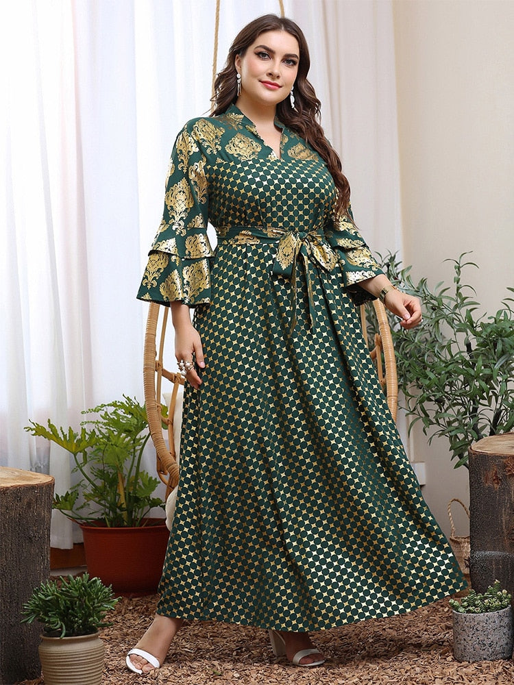 Women Plus Size Elegant Dresses Long Sleeve Big Large Loose Luxury Green Printing Dress