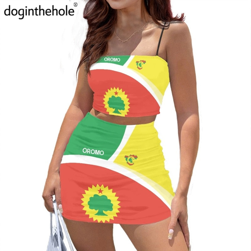 Women's Bodycon Dress Set Oromo Flag Printed Ladies Mini Skirt  Crop Top Casual Short Dress for women