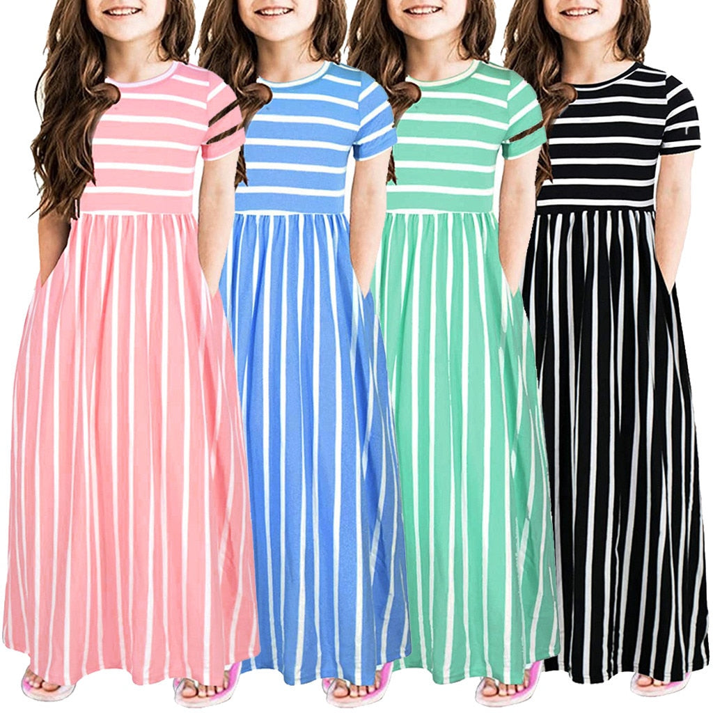 Striped  Bohemian Long Dresses For Girls