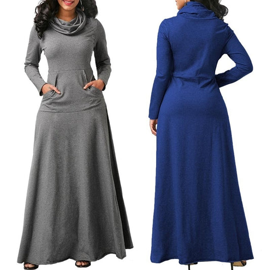 Plus Size 5XL Elegant Long Maxi Dress Autumn Winter Warm High Collar Women Long-sleeved Dress 2019 Woman Clothing With Pocket