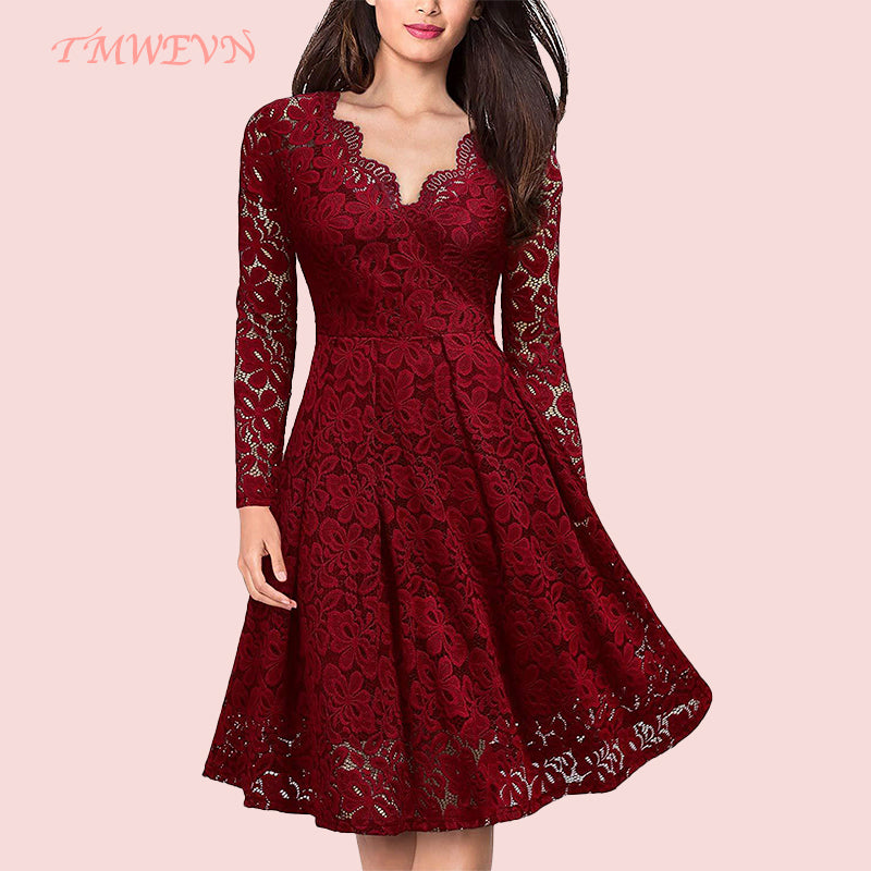 V-Neck Long Sleeve  off-shoulder Lace Decorated Women Evening Dress