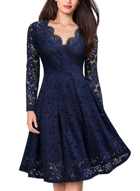 V-Neck Long Sleeve  off-shoulder Lace Decorated Women Evening Dress