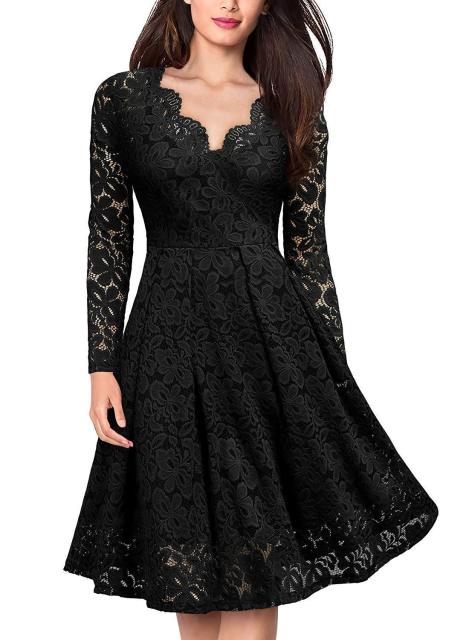 V-Neck Long Sleeve  off-shoulder Lace Decorated Women Evening Dress