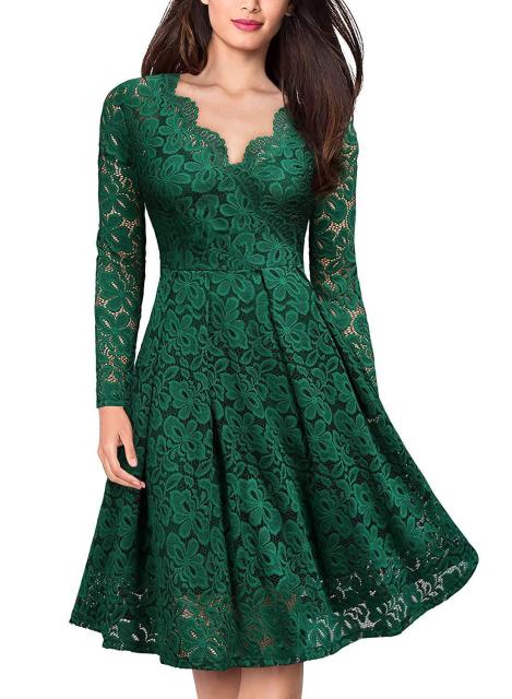 V-Neck Long Sleeve  off-shoulder Lace Decorated Women Evening Dress