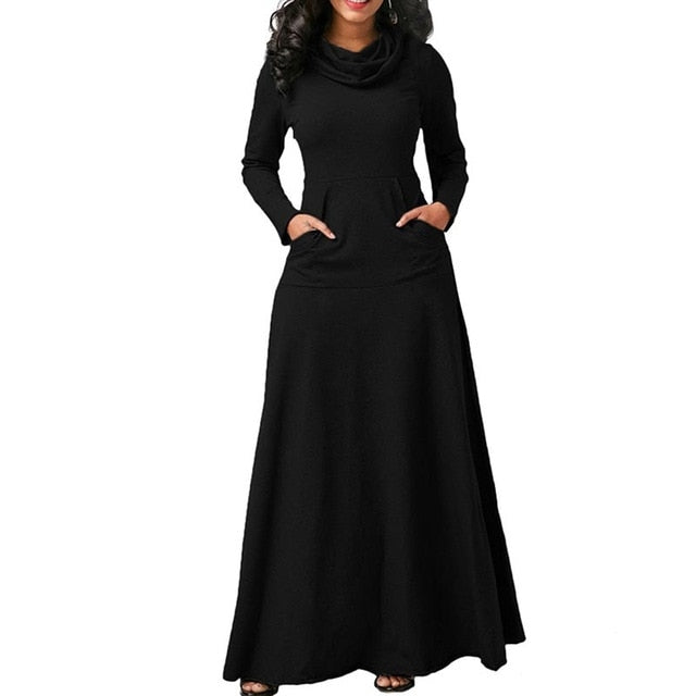 Plus Size 5XL Elegant Long Maxi Dress Autumn Winter Warm High Collar Women Long-sleeved Dress 2019 Woman Clothing With Pocket