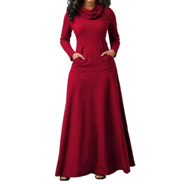 Plus Size 5XL Elegant Long Maxi Dress Autumn Winter Warm High Collar Women Long-sleeved Dress 2019 Woman Clothing With Pocket