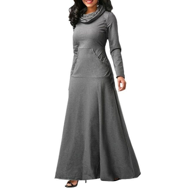 Plus Size 5XL Elegant Long Maxi Dress Autumn Winter Warm High Collar Women Long-sleeved Dress 2019 Woman Clothing With Pocket