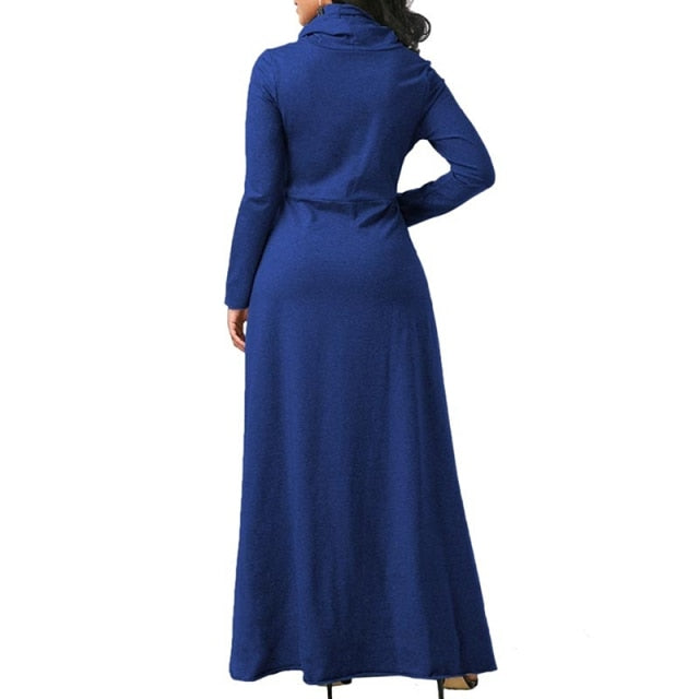 Plus Size 5XL Elegant Long Maxi Dress Autumn Winter Warm High Collar Women Long-sleeved Dress 2019 Woman Clothing With Pocket