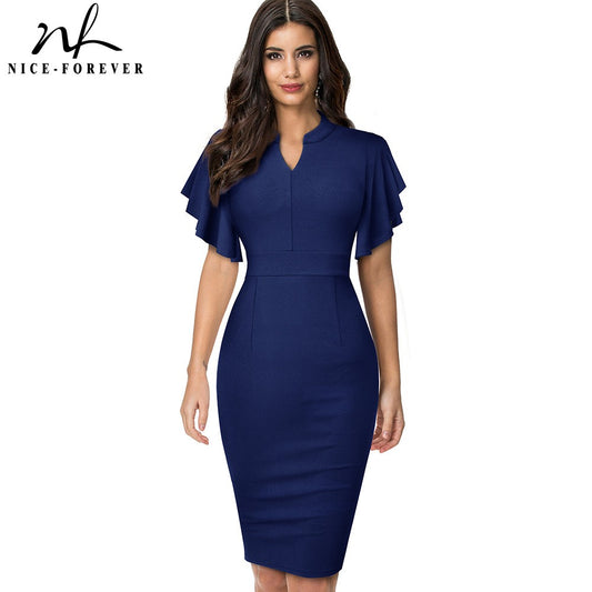 Nice-forever Vintage Solid Color Elegant Pencil Dress for Women