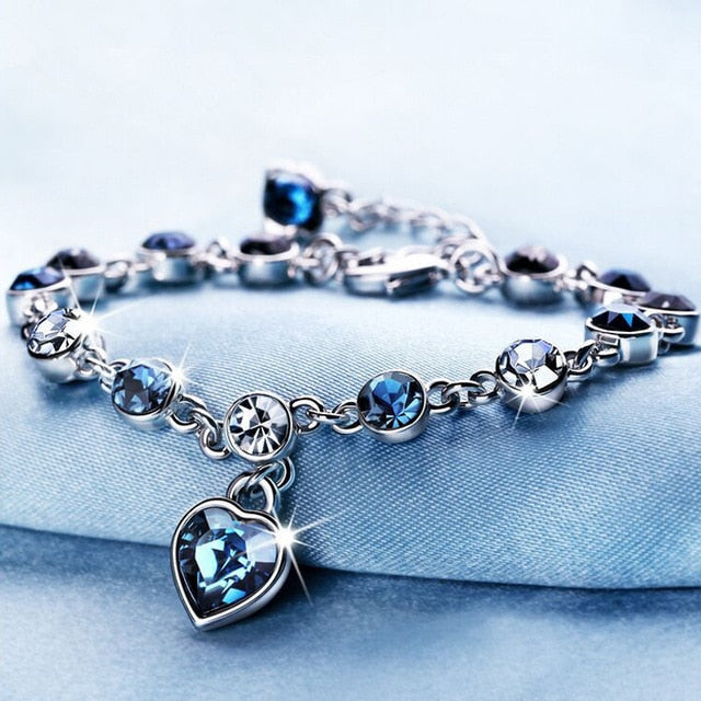 Crystal Heart Charm Silver Bracelet for Women