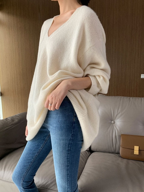 V-neck casual loose women&#39;s sweater solid color knitted cashmere wool sweater full sleeve pullover winter Trend new product