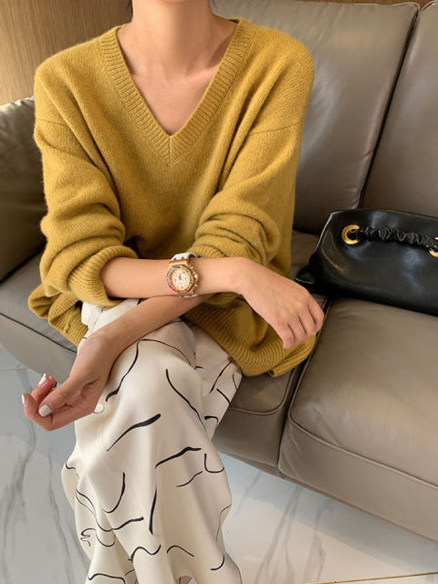 V-neck casual loose women&#39;s sweater solid color knitted cashmere wool sweater full sleeve pullover winter Trend new product