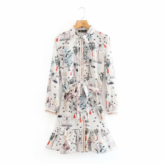 Women's fashion flower print bow sashes shirt dress long sleeve casual dresses