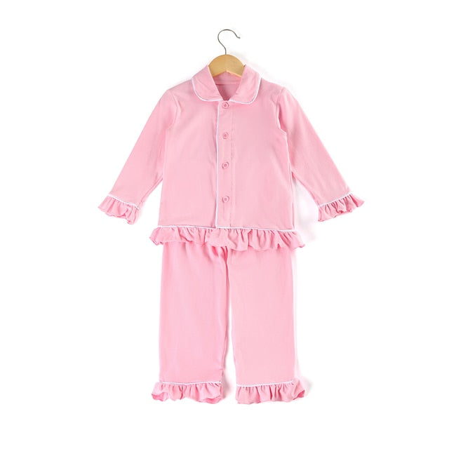 pyjamas kids wholesale children clothes blank sleepwear cotton pijama christmas ruffle frill  toddler girl pajamas set