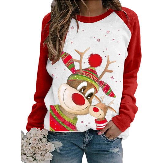 Cut Christmas deer Santa Print Women's t-shirt Red White Patchwork Long Sleeve lovely T Shirt Women Fashion Casual Top clothes