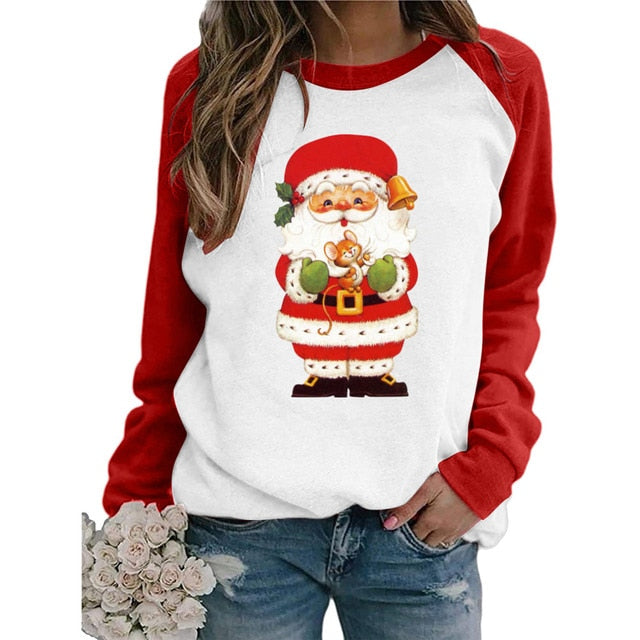 Cut Christmas deer Santa Print Women's t-shirt Red White Patchwork Long Sleeve lovely T Shirt Women Fashion Casual Top clothes