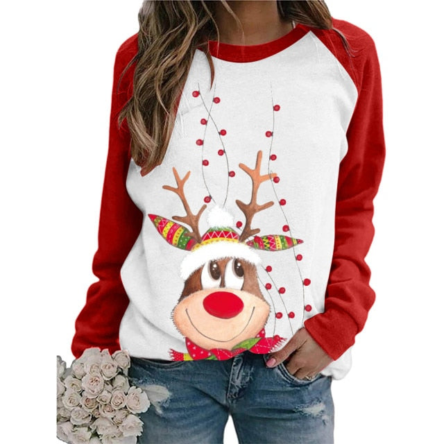 Cut Christmas deer Santa Print Women's t-shirt Red White Patchwork Long Sleeve lovely T Shirt Women Fashion Casual Top clothes