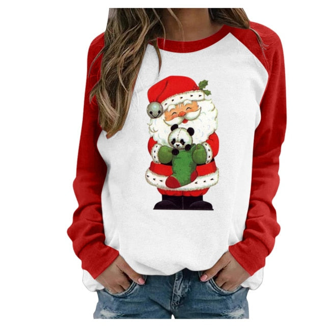 Cut Christmas deer Santa Print Women's t-shirt Red White Patchwork Long Sleeve lovely T Shirt Women Fashion Casual Top clothes