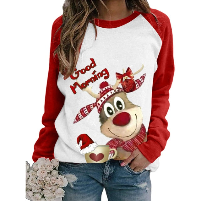 Cut Christmas deer Santa Print Women's t-shirt Red White Patchwork Long Sleeve lovely T Shirt Women Fashion Casual Top clothes