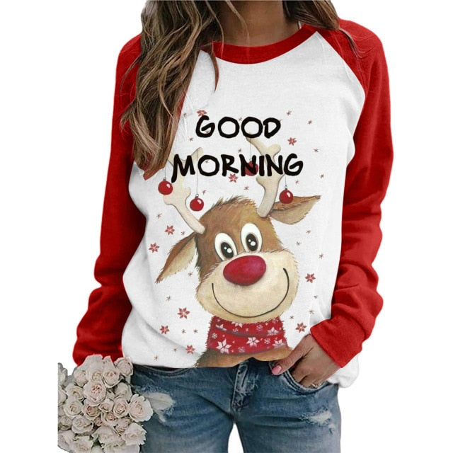 Cut Christmas deer Santa Print Women's t-shirt Red White Patchwork Long Sleeve lovely T Shirt Women Fashion Casual Top clothes