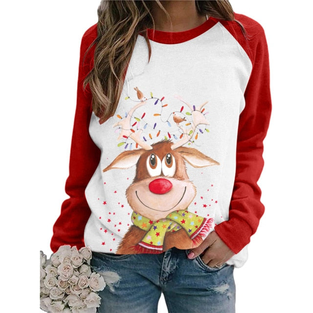 Cut Christmas deer Santa Print Women's t-shirt Red White Patchwork Long Sleeve lovely T Shirt Women Fashion Casual Top clothes