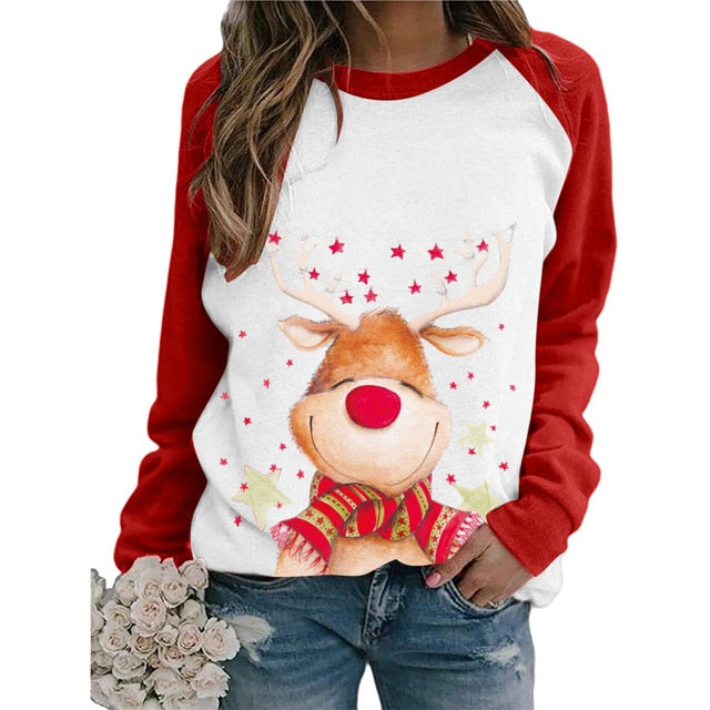 Cut Christmas deer Santa Print Women's t-shirt Red White Patchwork Long Sleeve lovely T Shirt Women Fashion Casual Top clothes