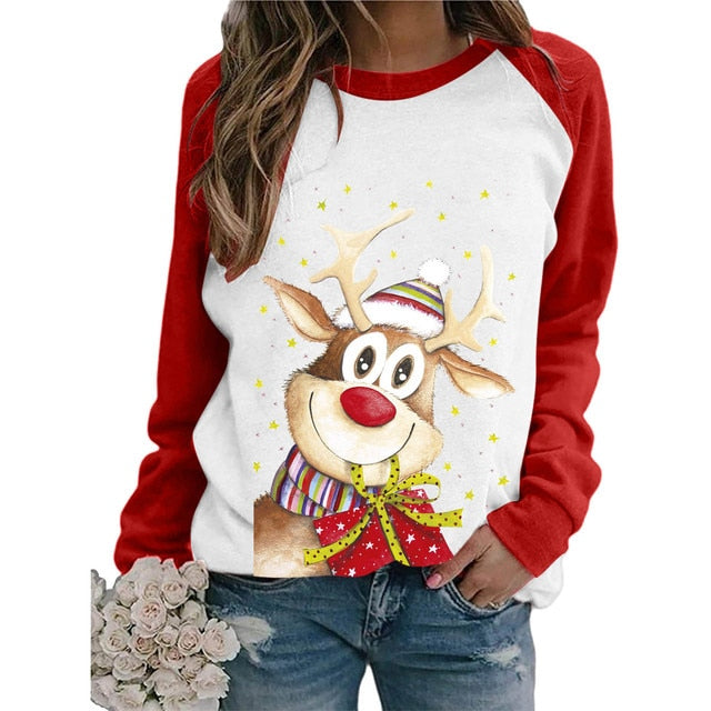 Cut Christmas deer Santa Print Women's t-shirt Red White Patchwork Long Sleeve lovely T Shirt Women Fashion Casual Top clothes