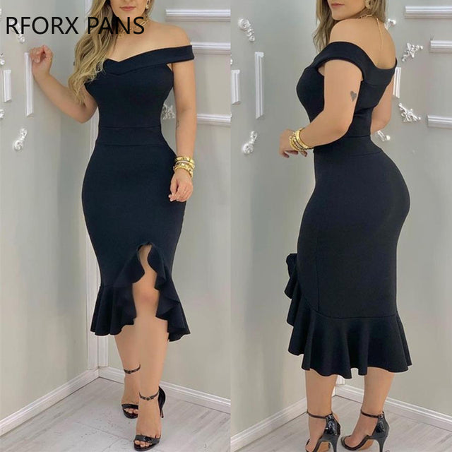 Women Plain Off Shoulder Ruffle Hem Slit Dress Maxi Dress Bodycon Dress Sexy Dress for Women