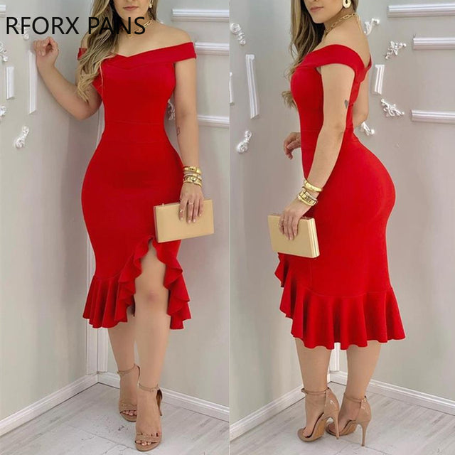 Women Plain Off Shoulder Ruffle Hem Slit Dress Maxi Dress Bodycon Dress Sexy Dress for Women