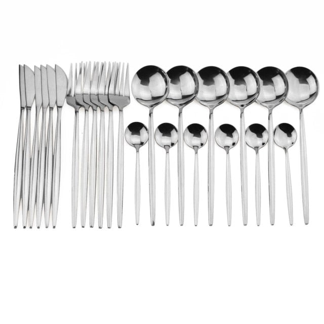 24pcs White Gold Dinnerware Set Stainless Steel Knife Fork Spoon Cutlery Set Kitchen Tableware Set Flatware Set Wholesale