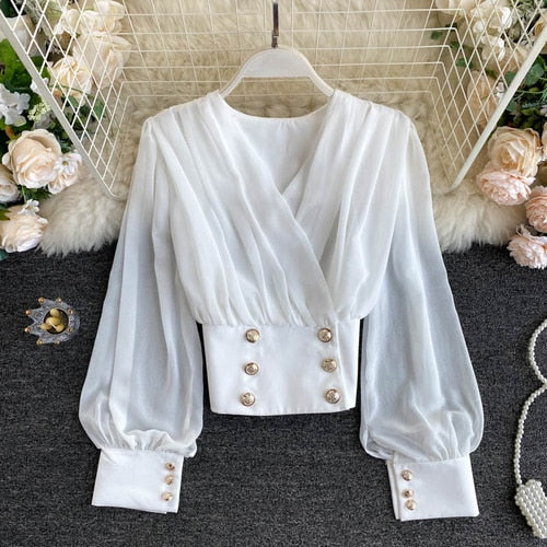 Lady&#39;s Shirt Autumn 2020 New Women&#39;s Retro British Double Breasted High Waist Short Chiffon Blouse Tops N971