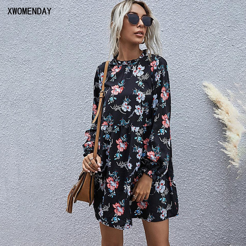 Casual Ladies Flower Print, Long Sleeve, Loose and  Fit Dresses, Fall Clothes For Women