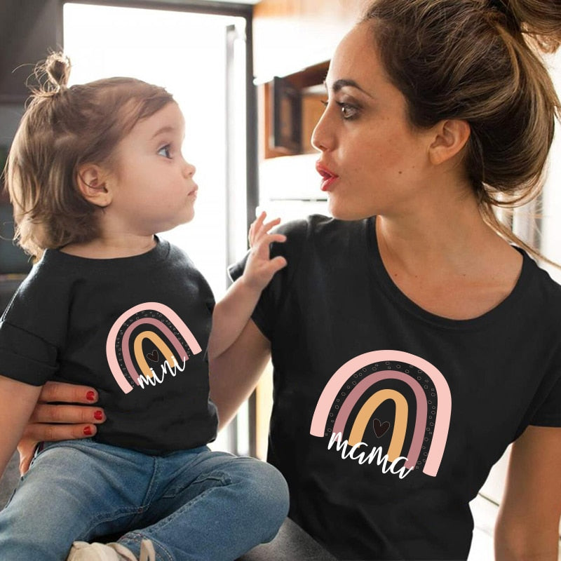 Mother and Daughter Rainbow Print Family Matching Fashion T-shirt.