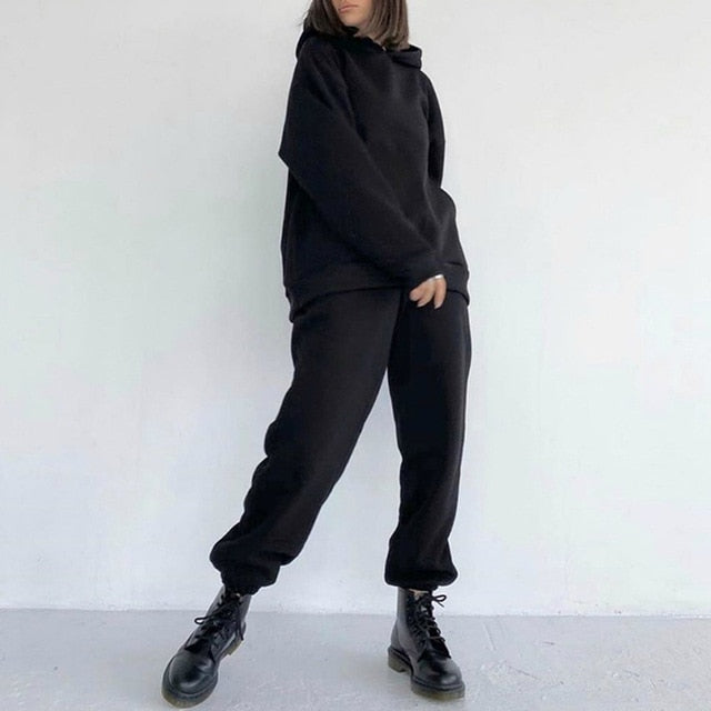 Women Elegant Solid Sets For Women Warm Hoodie Sweatshirts And Long Pant Fashion Two Piece Sets Ladies