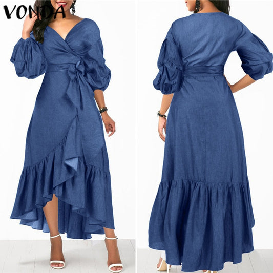 VONDA Summer Long Maxi Dress Women 2021 Sexy V Neck 3/4 Lantern Sleeve Dresses Casual Loose Bohemian Sundress  Vestidos