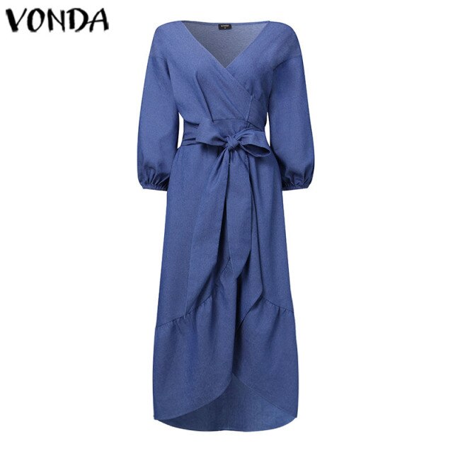 VONDA Summer Long Maxi Dress Women 2021 Sexy V Neck 3/4 Lantern Sleeve Dresses Casual Loose Bohemian Sundress  Vestidos