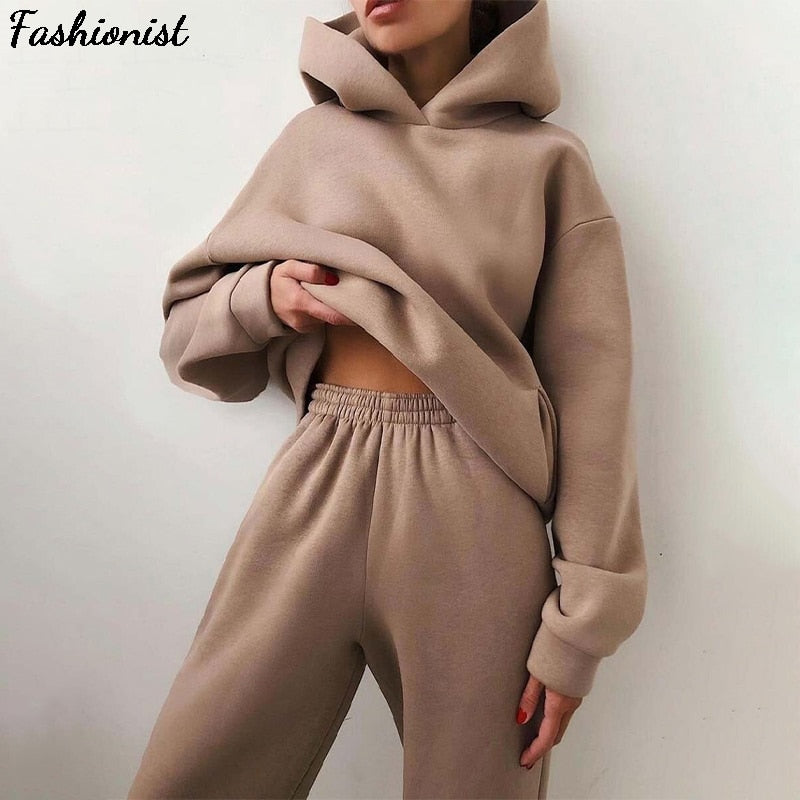 Women Elegant Solid Sets For Women Warm Hoodie Sweatshirts And Long Pant Fashion Two Piece Sets Ladies