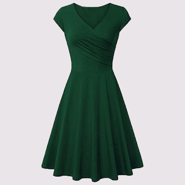 Casual Women's Solid Color Summer Slim Swing Dress 2021 Sexy Plus Size Office Versatile Mini Dress Retro V-neck Beach Dresses