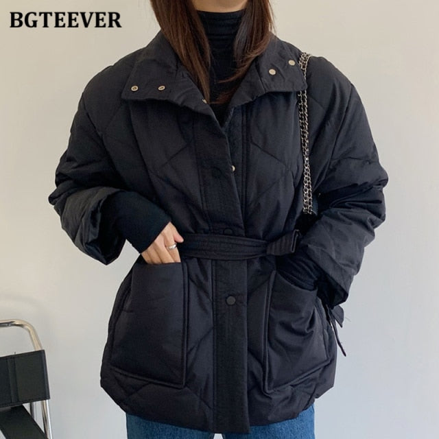 BGTEEVER Winter Thick Cotton Padded Coats Women Single-breasted Zippers Lace-up Female Parkas Stand Collar Female Jackets