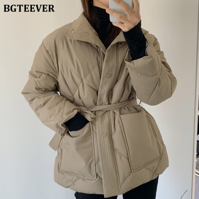 BGTEEVER Winter Thick Cotton Padded Coats Women Single-breasted Zippers Lace-up Female Parkas Stand Collar Female Jackets