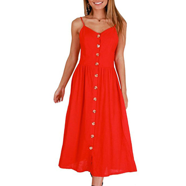 Vintage Casual Sundress Beach Midi Button Backless Polka Dot Striped Floral Dress for Women