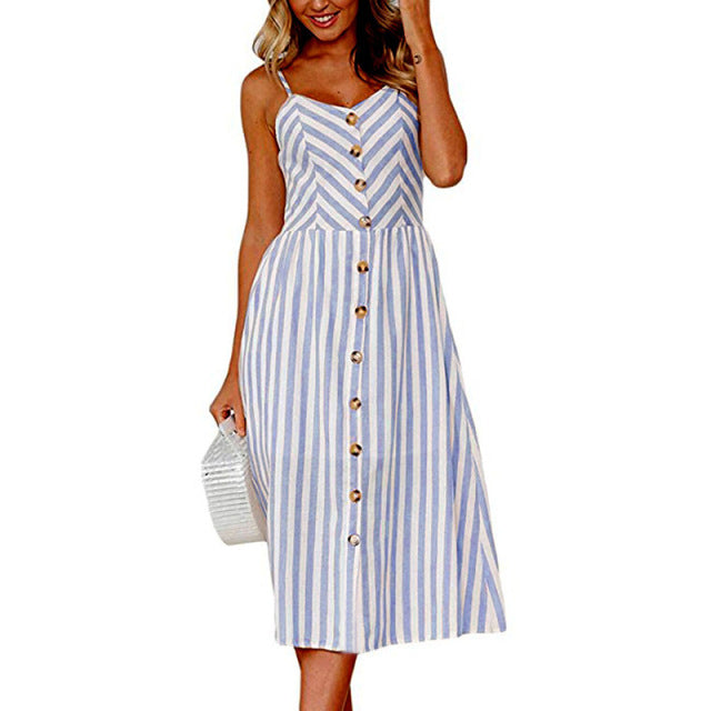 Vintage Casual Sundress Beach Midi Button Backless Polka Dot Striped Floral Dress for Women