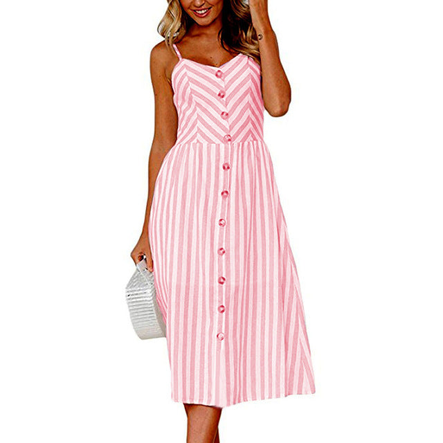 Vintage Casual Sundress Beach Midi Button Backless Polka Dot Striped Floral Dress for Women