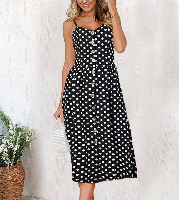 Vintage Casual Sundress Beach Midi Button Backless Polka Dot Striped Floral Dress for Women