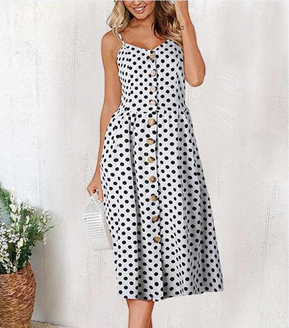 Vintage Casual Sundress Beach Midi Button Backless Polka Dot Striped Floral Dress for Women